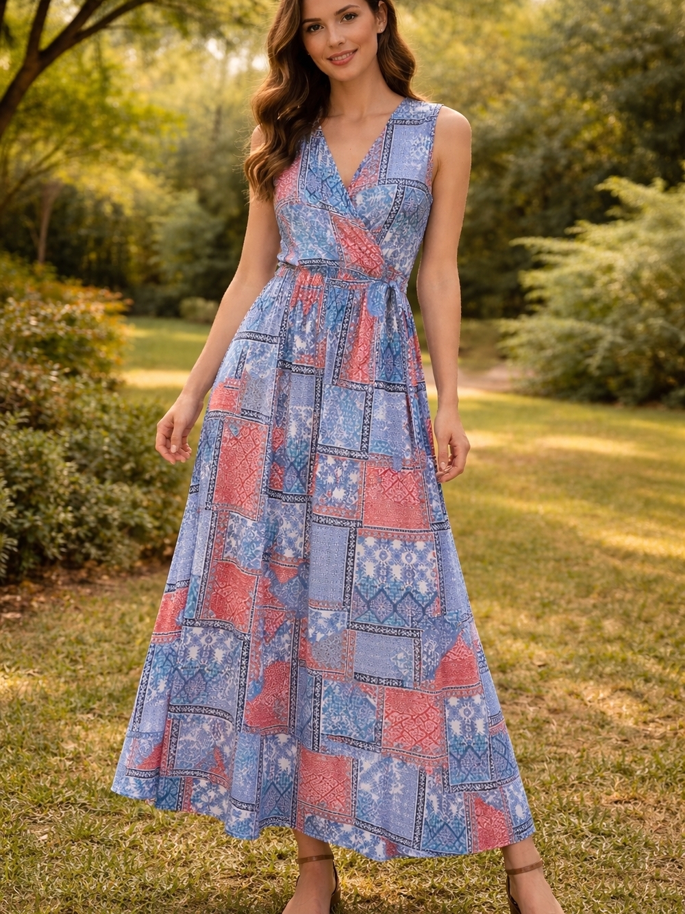 V-Neck Patchwork Maxi Dress in Blue & Coral